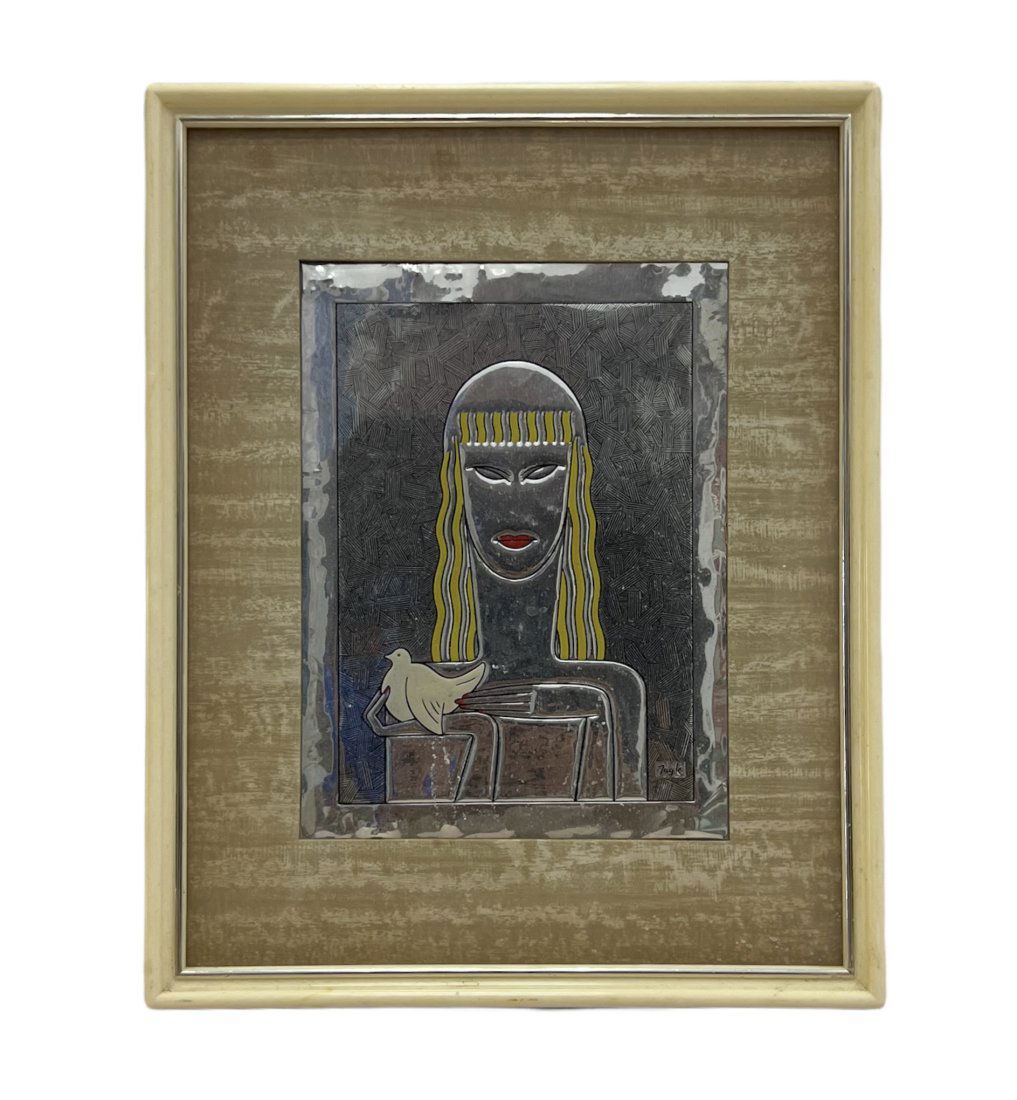 Art Deco Egyptian Revival Tin Relief Plaque, Signed (1 of 3)