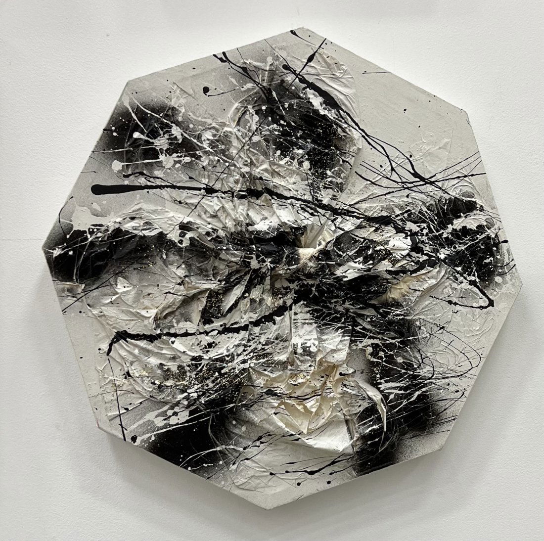 1980's Mixed Media Black & White Abstract Collage Octagon Canvas (1 of 3)