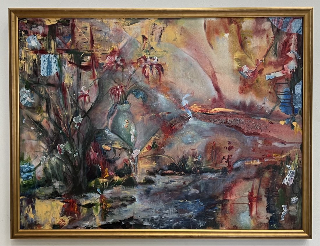 Modernist Floral Landscape Signed On Back, Mystery Artist: Oil on canvas 40 x 30 in, 42 x 32 in (framed)