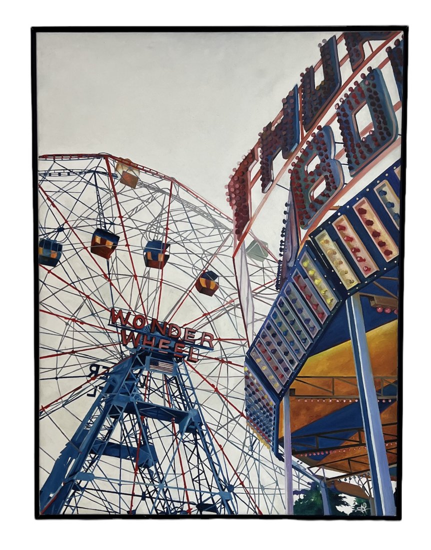 American Pop Art Coney Island, New York Ferris Wheel Painting, Signed: Mystery artist. Oil on canvas 49 x 37 in