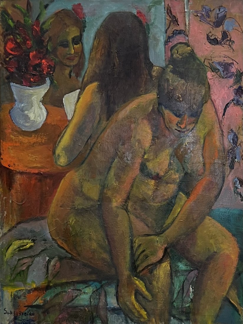 Modernist Nude Women Interior Scene Signed Schlossberg: Oil on canvas 40 x 30 in
