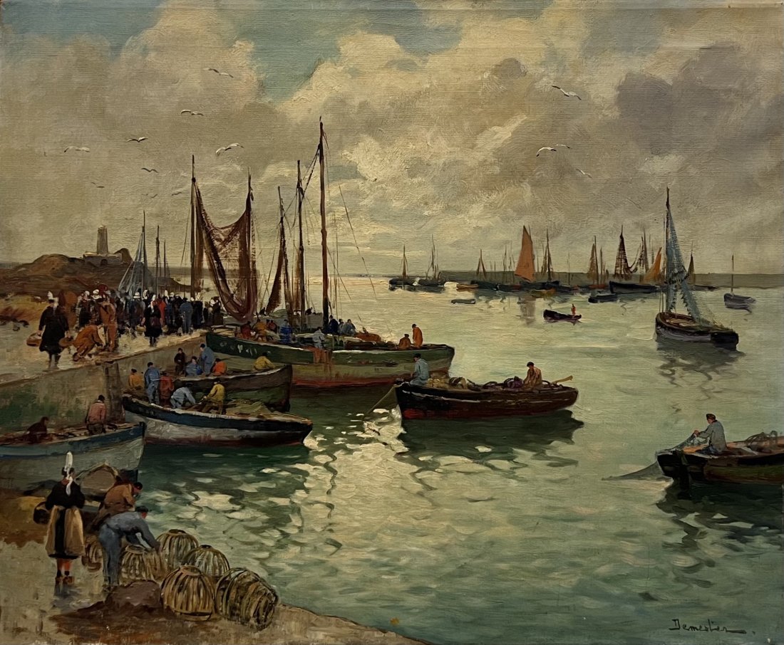 EUGENE DEMESTER (b. 1914, French) Harbour Scene: Oil on canvas 28 1/2 x 23 1/2 in. Eugene Demester was born in Paris in 1914, the son of the painter Charles Demester. Eugene studied at the Ecole des Beaux Arts. He went on to win numerous French Art 