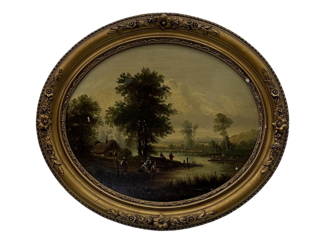 19th Century French School Continental Landscape, Signed: Oil on board 18 1/2 x 14 1/2 in, 23 x 20 in. Signed DuPont