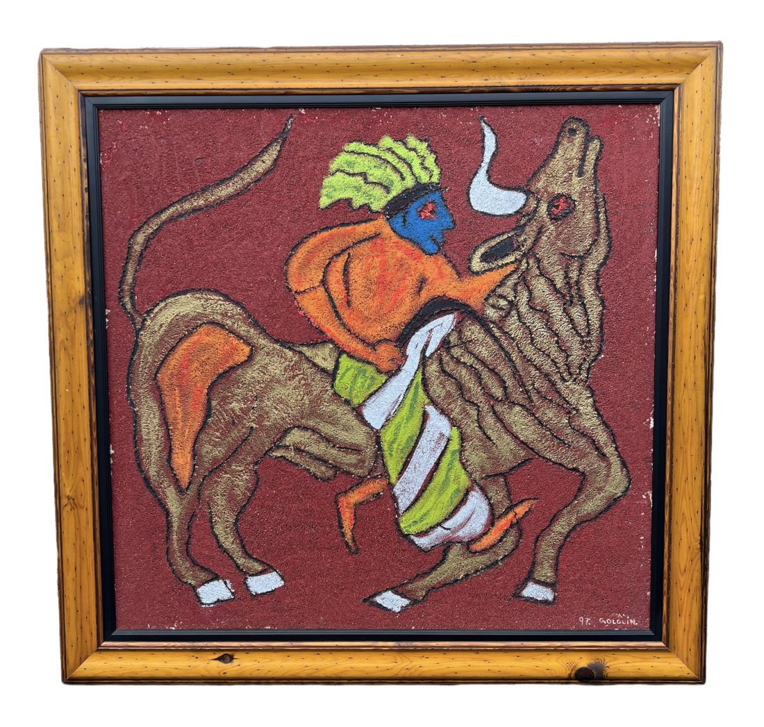 GUSTAVO OLGUIN (20th c, Mexico) Bull Rider, Modernist: Mixed media on board 41 x 39 1/2 in, 49 1/2 x 48 in (framed)