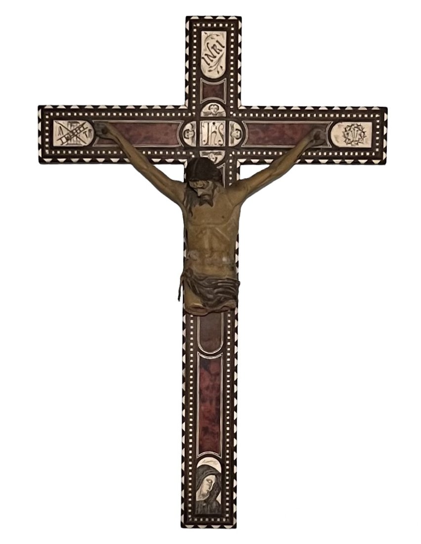 Antique Spanish Crucifix Terratcotta Wood Inlaid Mother Of Pearl (1 of 5)