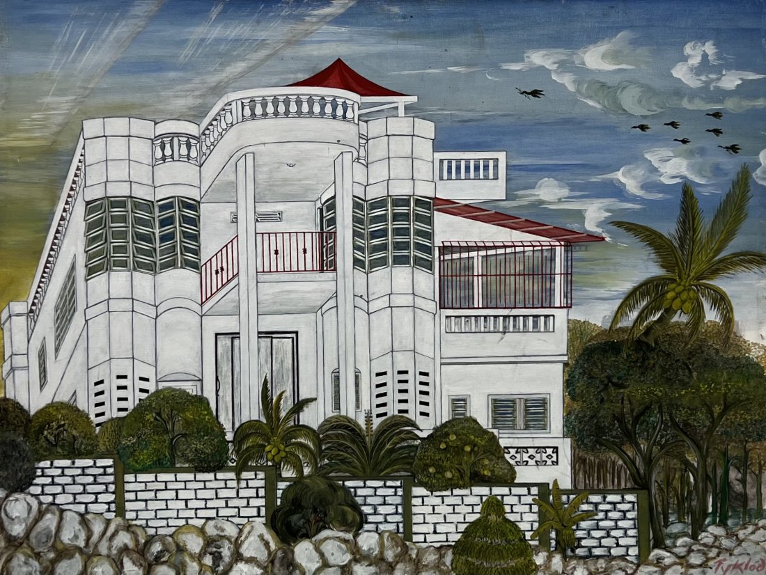 Unique Painting Of A Mansion In Haiti, Signed By Mystery Artist: Oil on canvas 42 x 32 in