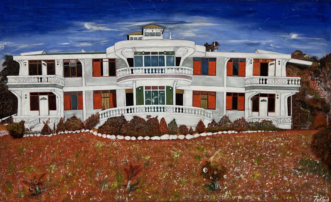 Unique Painting Of A Mansion In Haiti, Signed By Mystery Artist: Oil on canvas 48 x 29 1/2 in