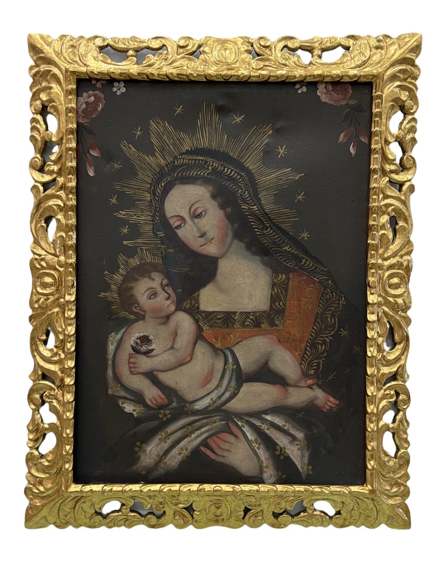 Cuzco School Madonna & Child Painting: Oil on canvas 29 1/2 x 21 1/2 in, 36 x 28 in (framed)