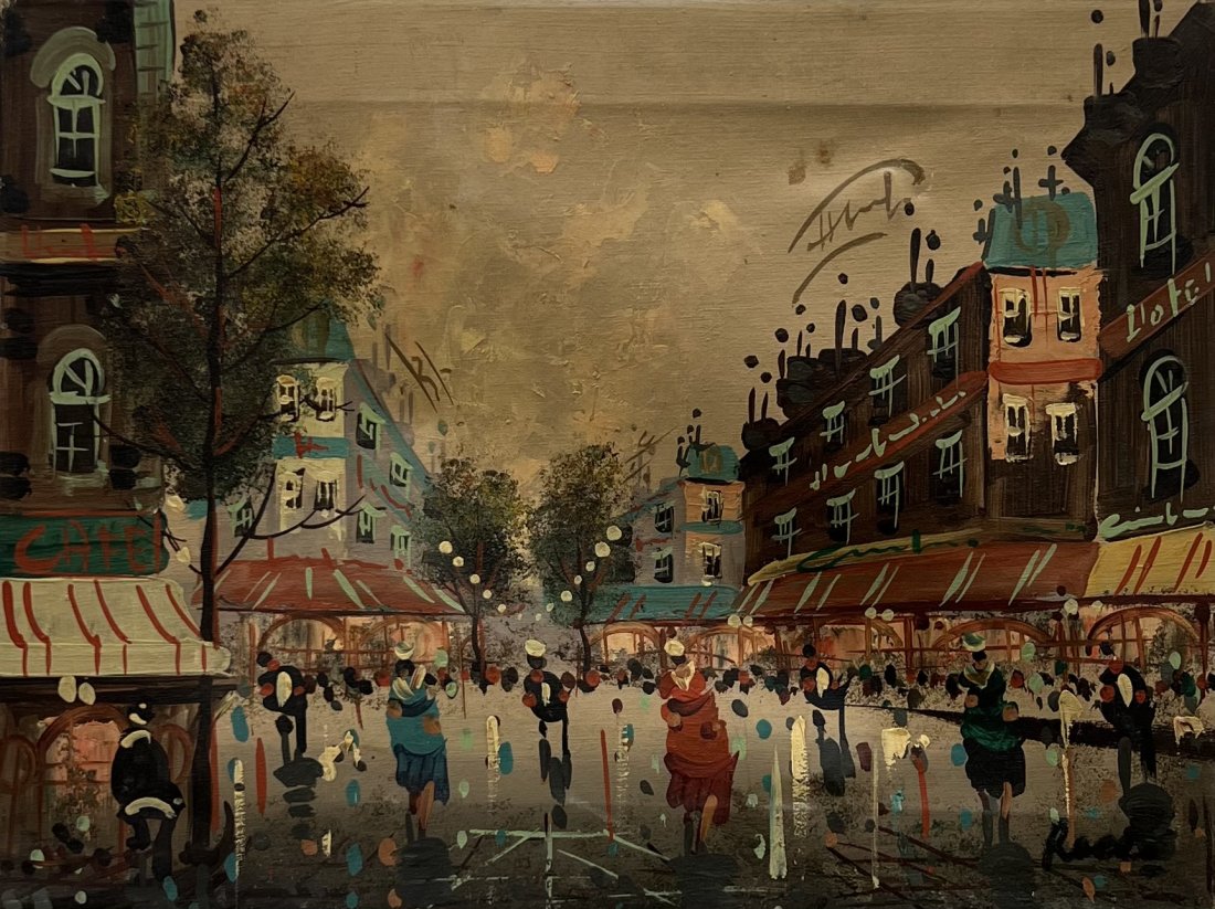 Early French Modernist Paris Street Scene, Signed: Oil on canvas 16 x 12 in