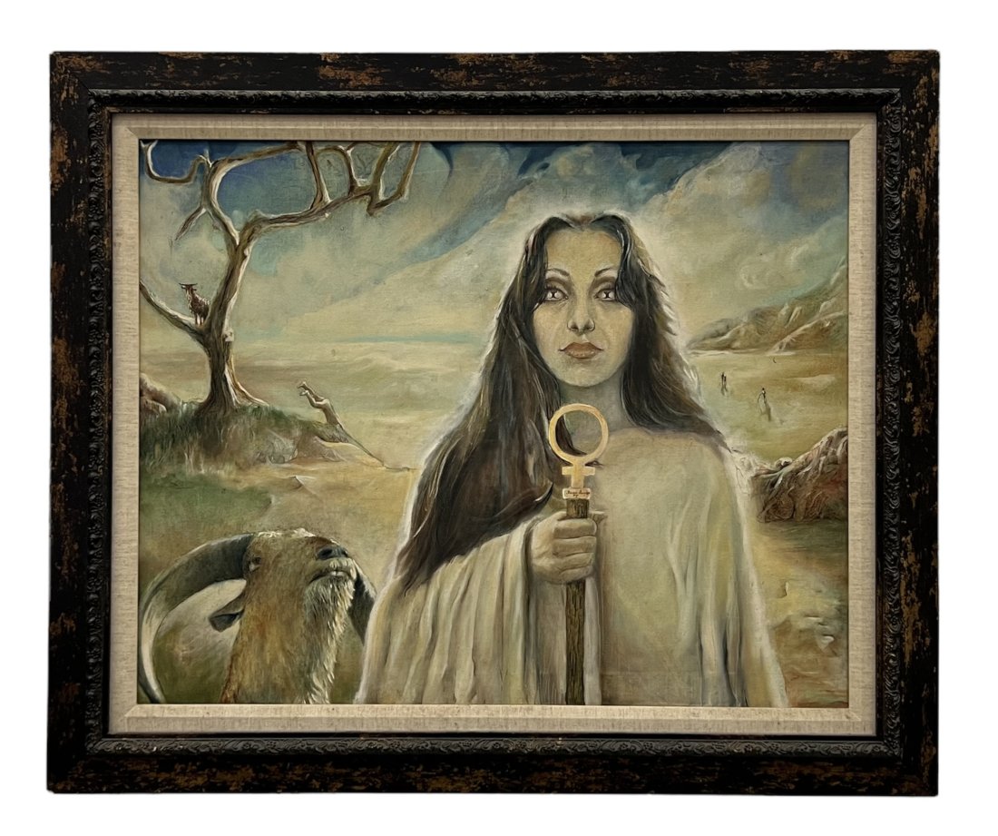 1970's Surrealist Painting, Illegible Signture: 30 x 24 in, 36 1/2 x 30 1/2 in