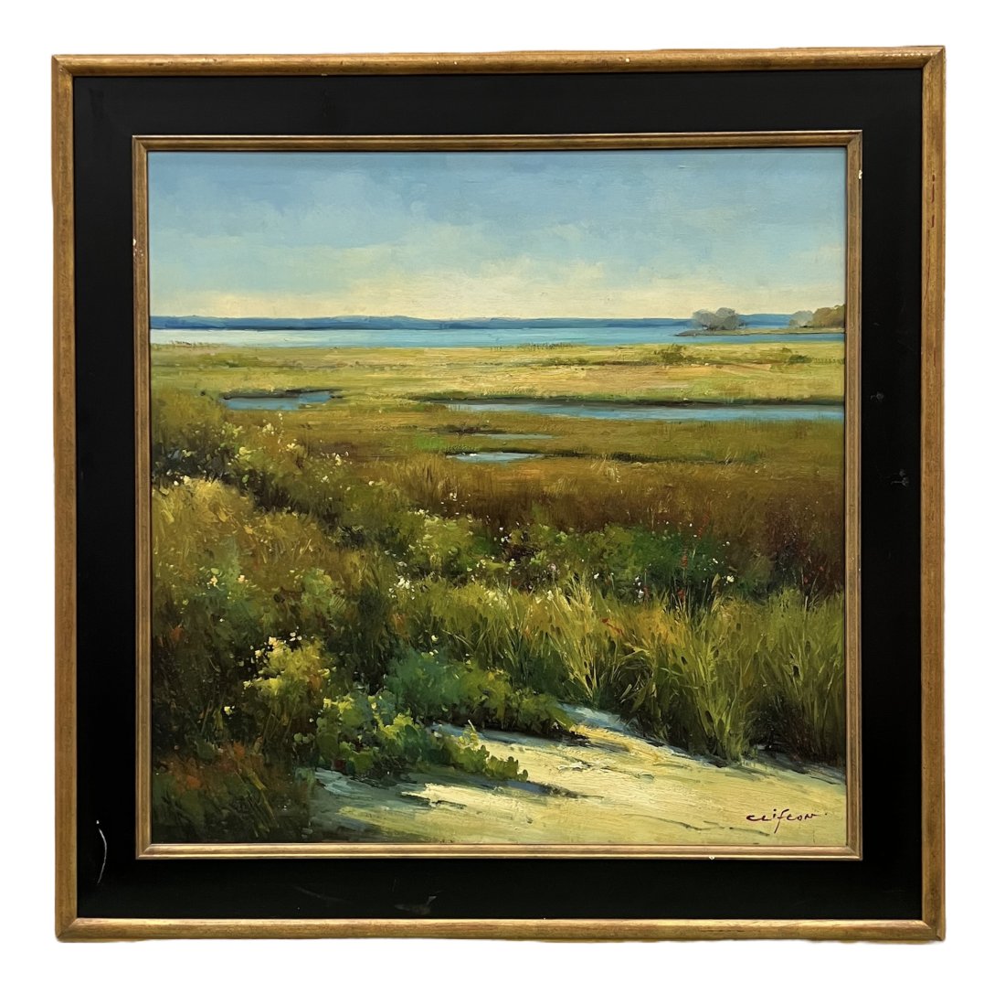Impressionist Coastal Landscape, Illegible Signature: Oil on canvas 36 x 36 in, 46 x 46 in (framed)