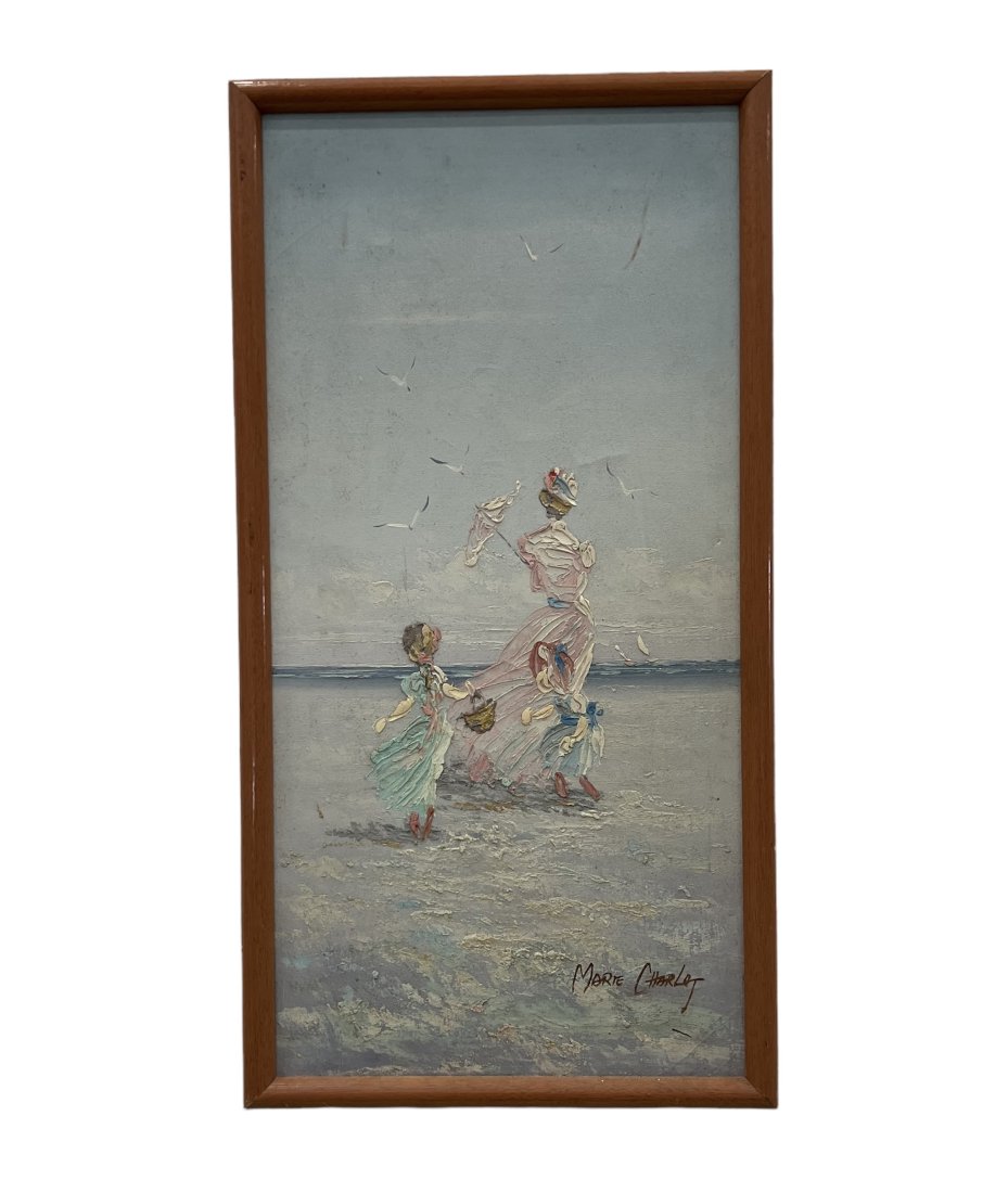 MARIE CHARLOT (20th c, French) Beach w/ Figures: Oil on canvas 24 x 12 in, 25 1/2 x 13 1/2 in (framed)
