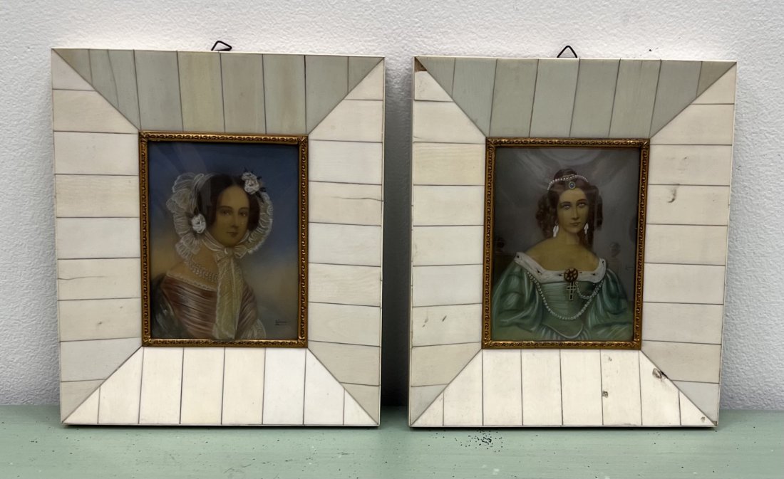 Pair Of Antique Portraits Of Women In Period Frames, Signed: Watercolors. 9 x 7 1/2 in (framed)