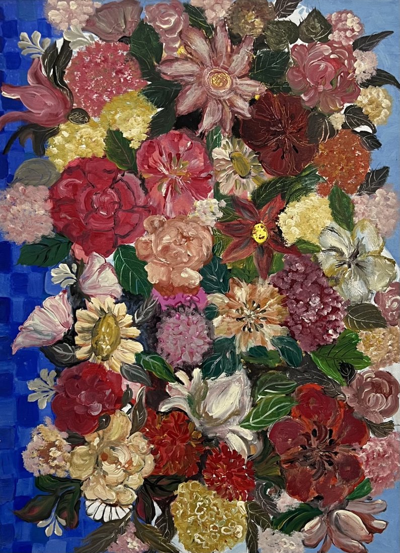 Modernist Colorful Painting Of Flowers: Oil on canvas 30 x 22 in