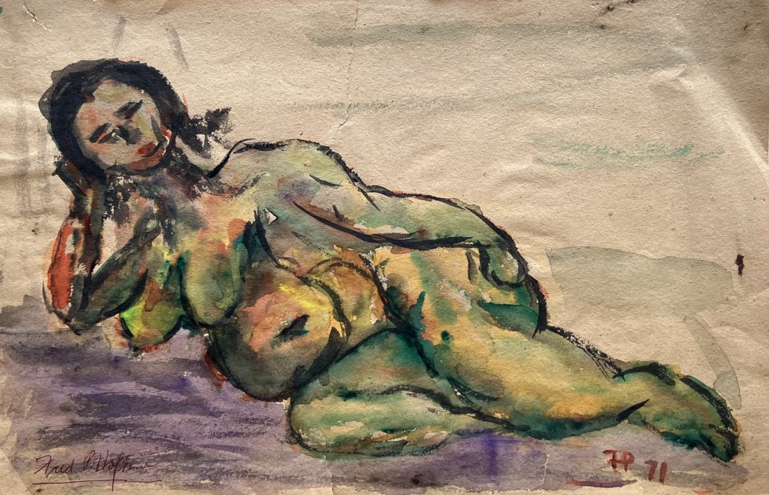 1970's Modernist Nude Watercolor, Signed Mystery Artist: 18 x 12 in
