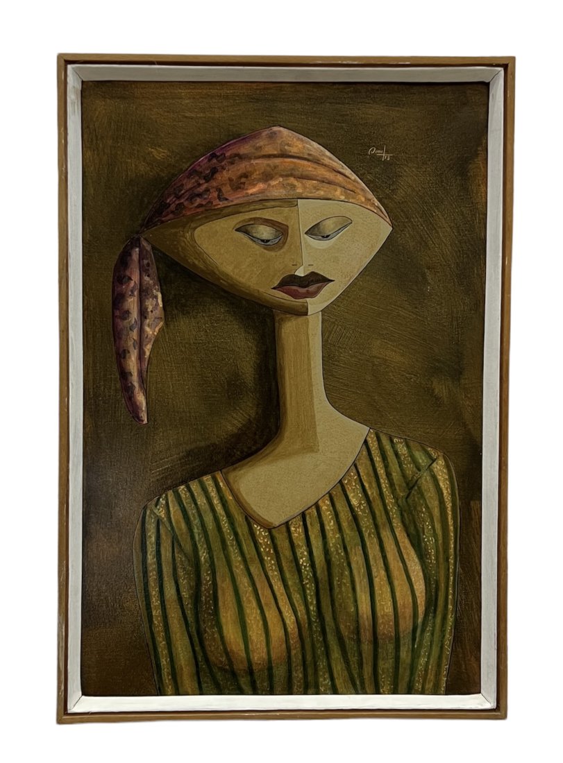 1970's French Modernist Portrait, Mystery Artist: Oil on canvas 24 x 16 in