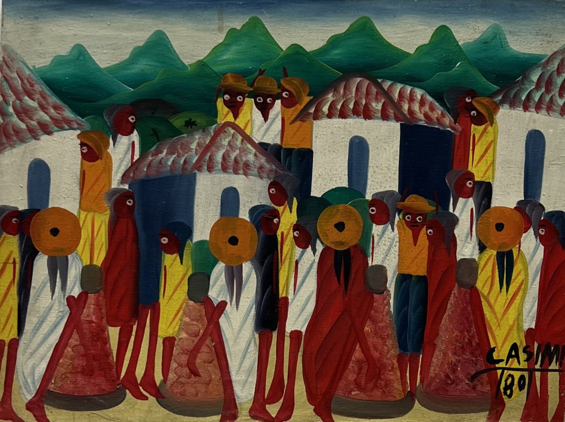 LAURENT CASIMIR (1928-1990, Haiti) Village Scene: Oil on canvas 12 x 16 in