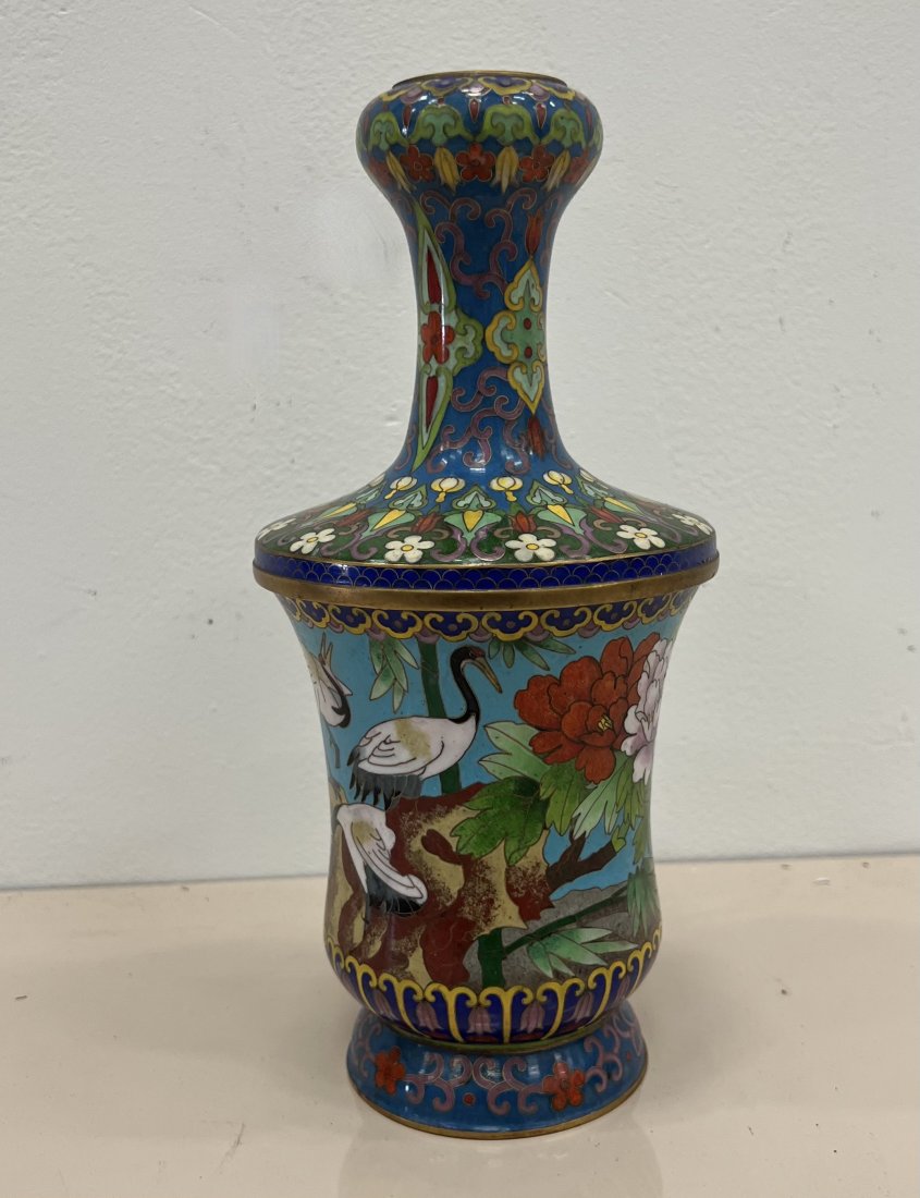 Vintage Cloissone Chinese Decorated Vase: 11 x 5 in