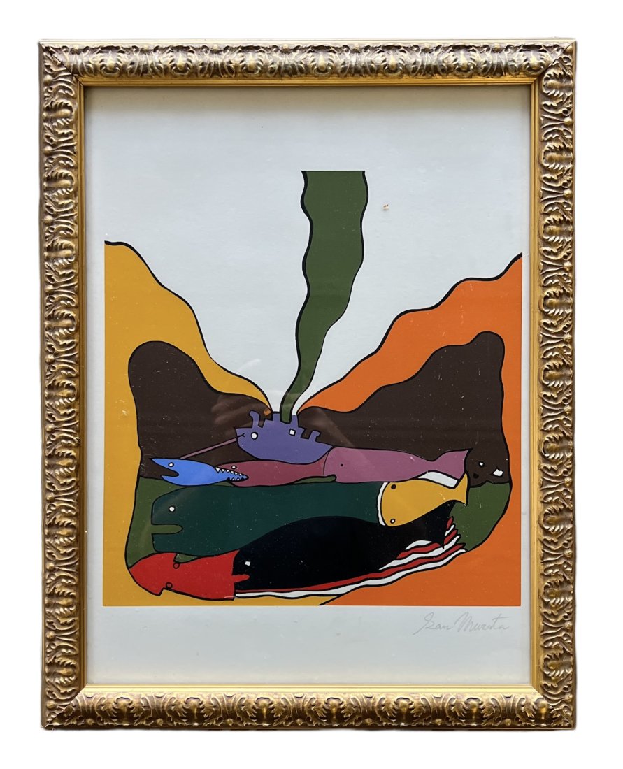 Naive Japanese Whaling Theme Serigraph Signed Murata: 18 x 14 in framed