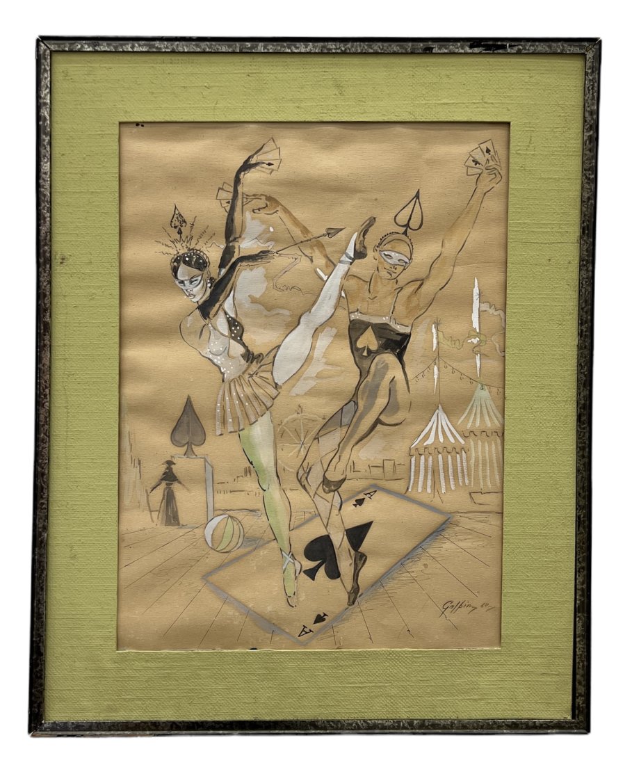 Mid-Century Drag Show Watercolor Signed, Gay Interest: 31 x 25 in