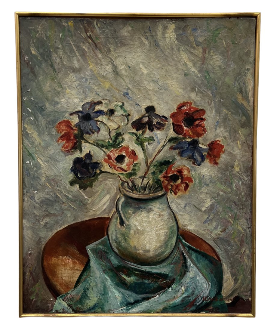 Mid-Century Modernist Still Life Of Flowers, Signed: Oil on canvas 28 x 22 in
