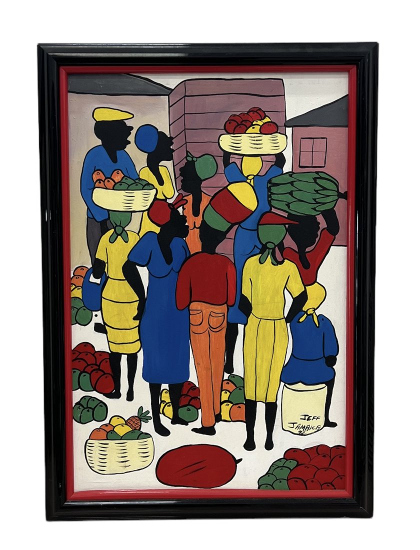 1990's Jamaican Modernist Street Scene, Signed: 34 x 24 in (framed)
