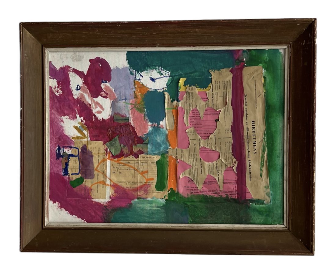 Mid-Century Modern Hungarian Abstract Collage: 24 x 18 in, 28 1/2 x 22 1/2 in