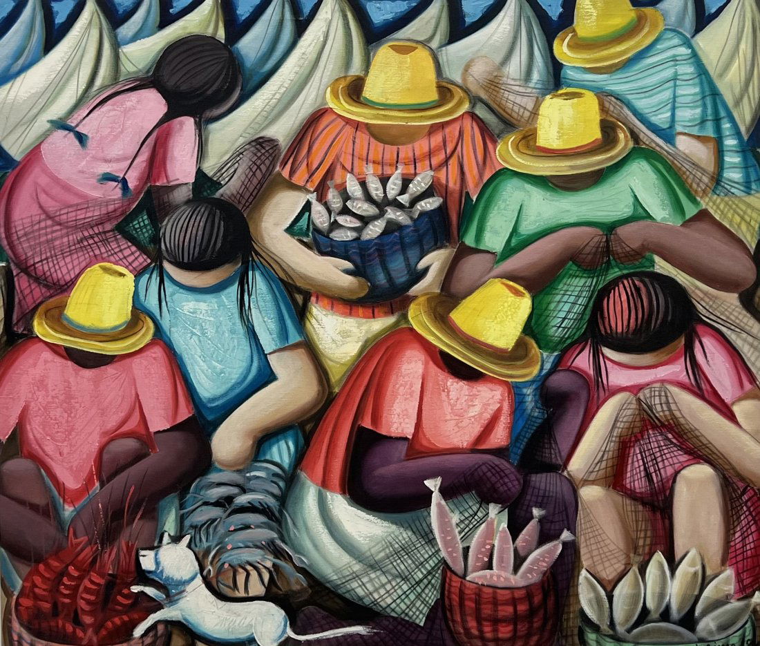 Large Latin American Naive Market Scene, Illegible Signature (1 of 3)