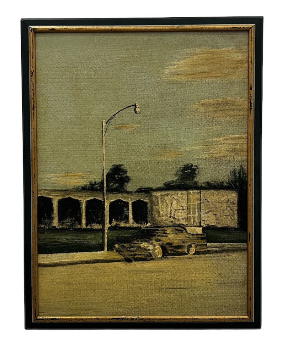 Vintage American Impressionist Street Scene By Mystery Artist: Oil on masonite 26 x 20 in