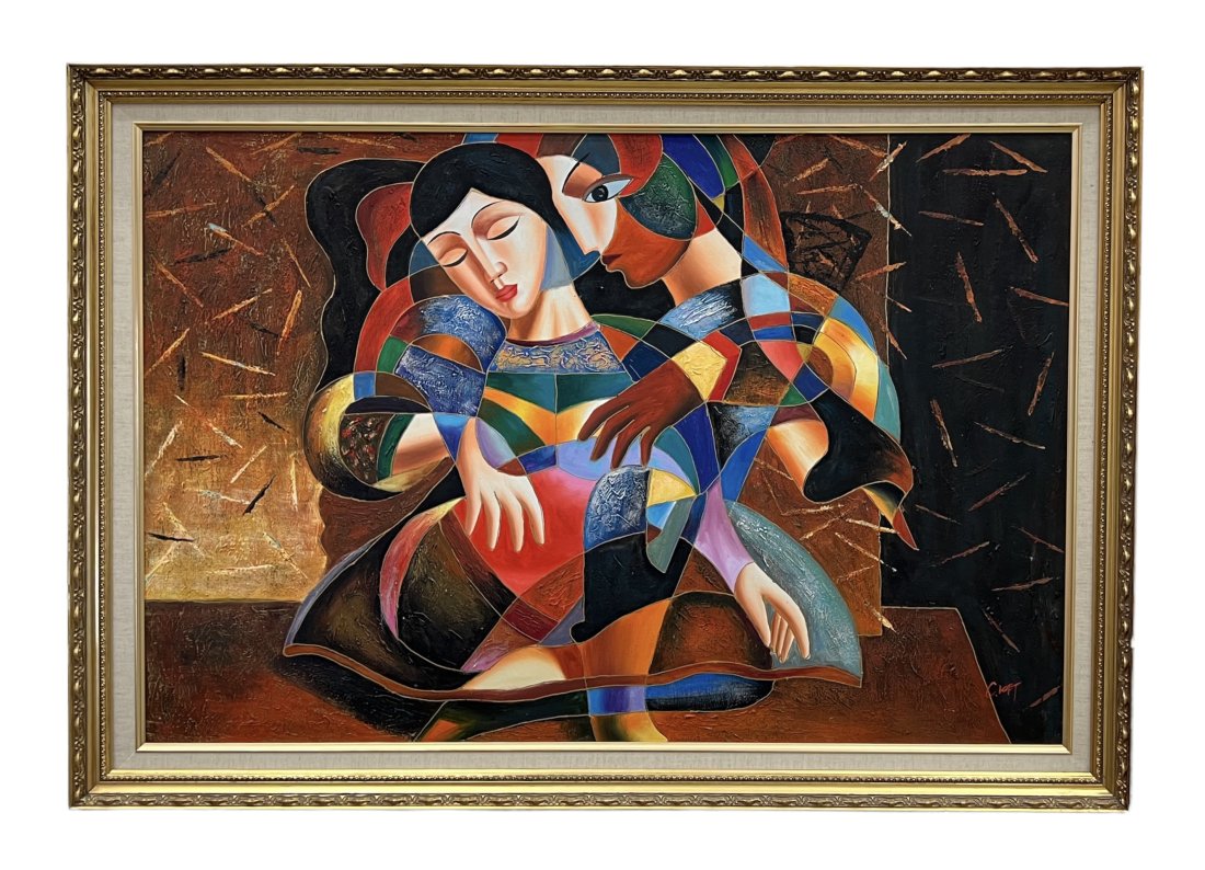 Modernist Cubist Painting w/ Figures, Signed: Acrylic on canvas 36 x 24 in, 40 x 28 in