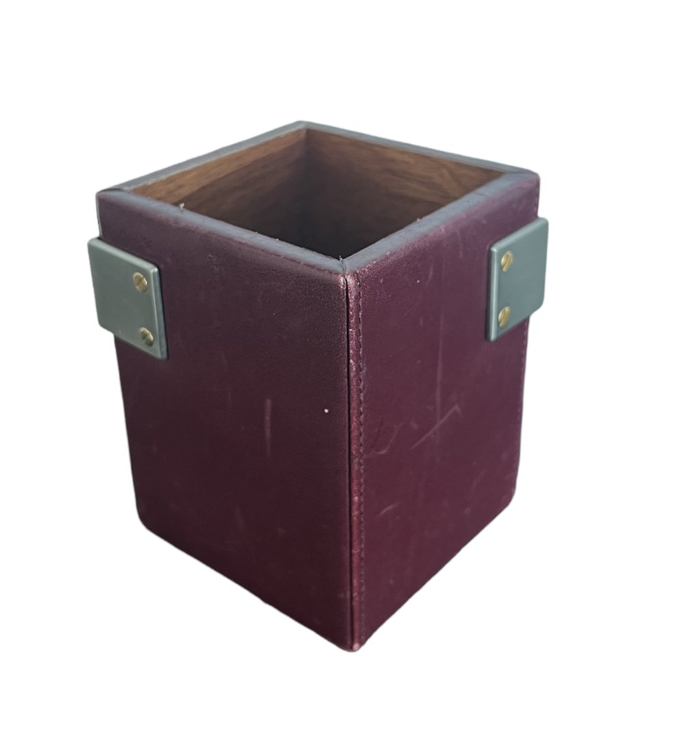 Vintage Dunhill Italian Leather Maroon Pencil/Pen Holder: 4 x 3 x 3 in