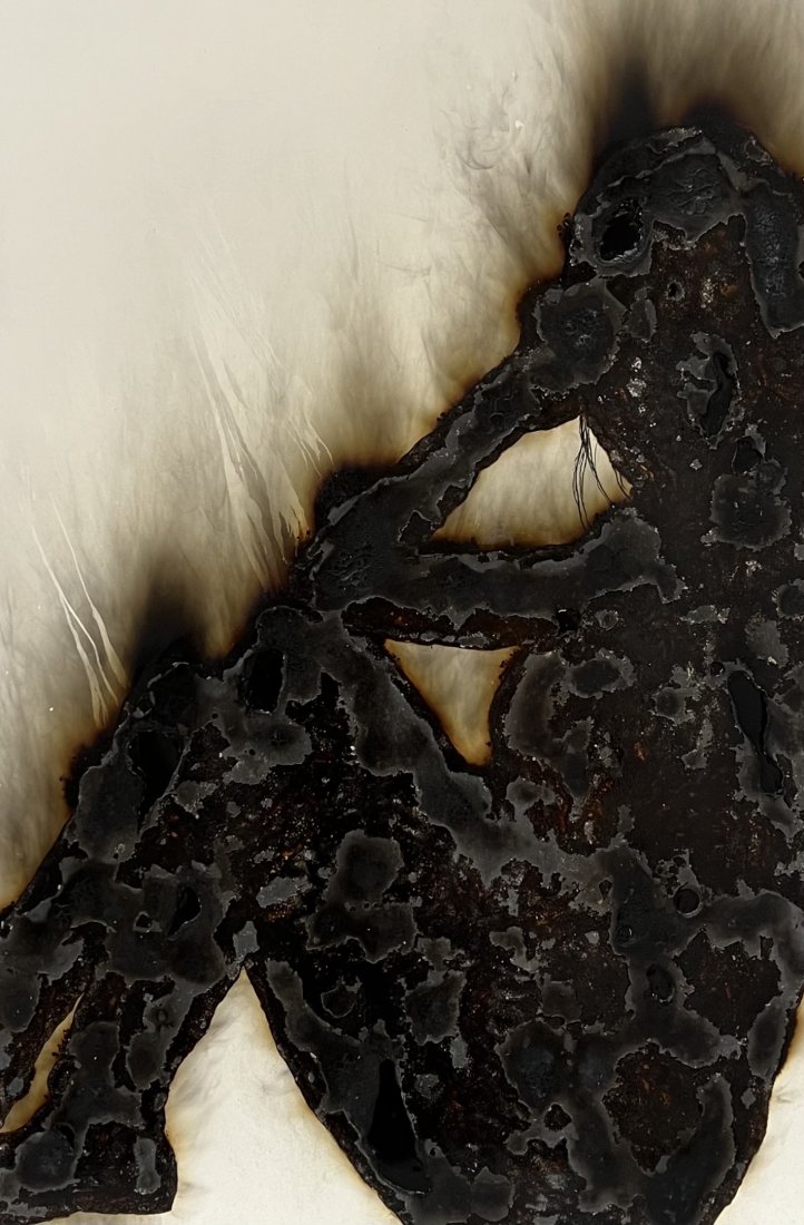 Modernist Nude Burned Figural Abstract Of A Woman: Mixed media on board 48 x 32 in