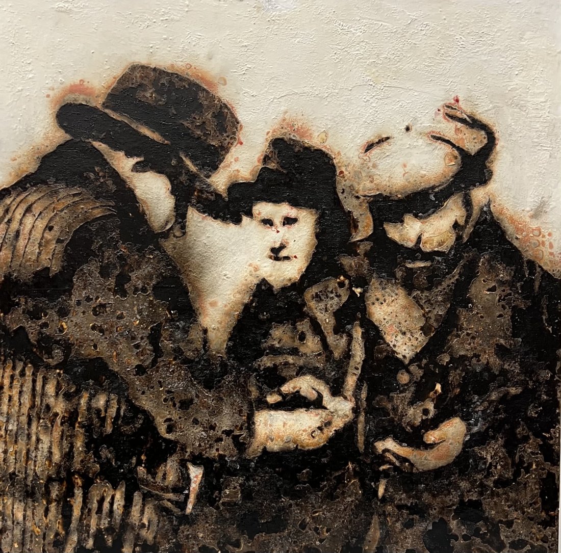 Modernist Genre Mixed Media Of Figures: Mixed media on board 48 x 48 in