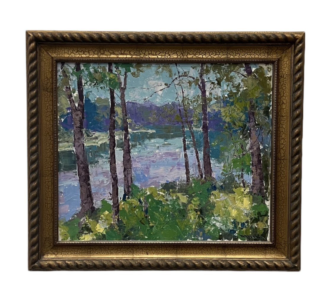Modernist Lake Landscape Painting, Illegible Signature: Acrylic on canvas 24 x 20 in, 30 x 26 in (framed)