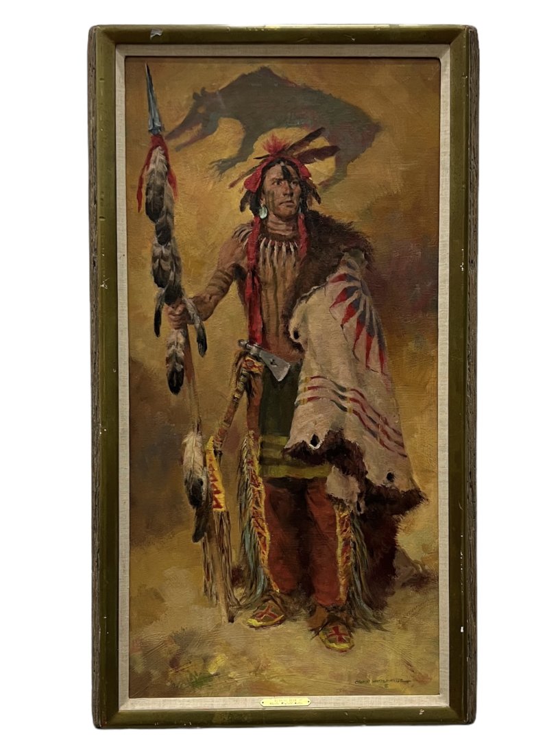 CHARLES WINFIELD MILLER (1922-1995, Wyoming) Running Bear: Native American portrait. Oil on canvas 32 x 16 in, 36 x 20 in (framed). A long time freelance illustrator, portrait painter and teacher in the Chicago, Illinois area, Charles W. Miller eventually mov