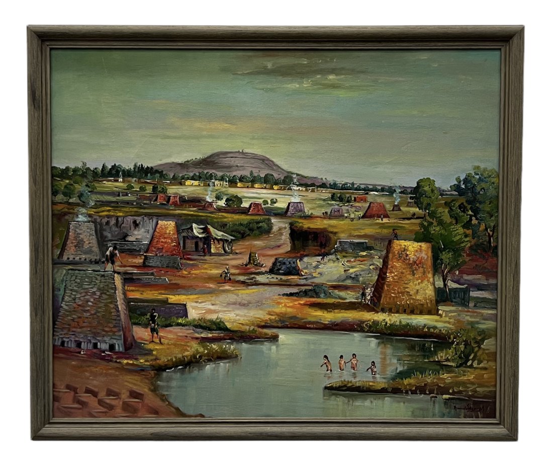 Large New Mexico School Modernist Pueblo Landscape, Illegible Signature: Oil on canvas 41 x 35 in (framed)