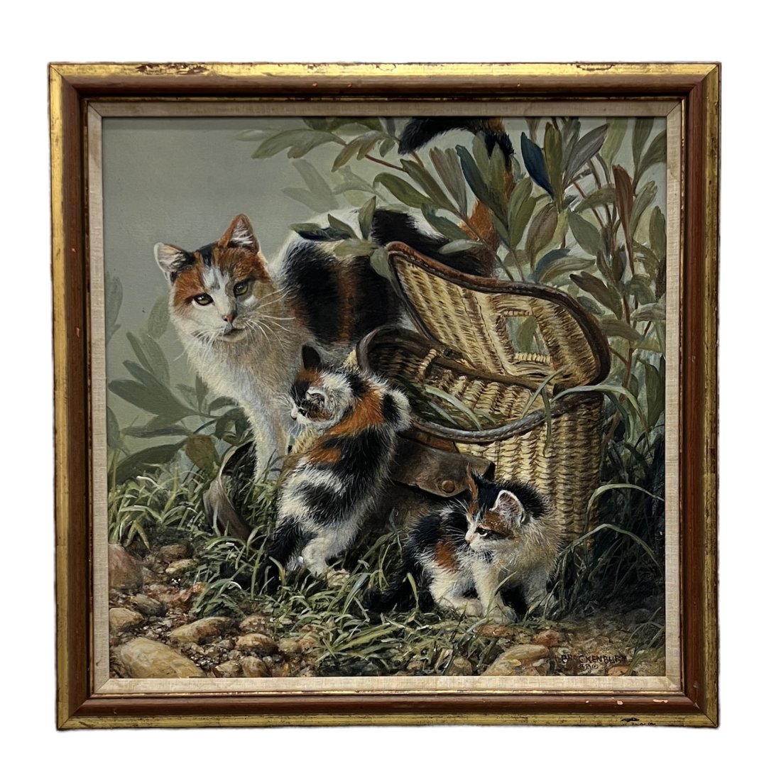 AMY BRACKENBURY (b. 1953, Colorado) Mother & Kittens: Oil on canvas 22 x 22 in, 26 x 26 in (framed)