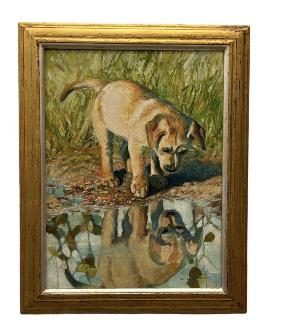 AMY BRACKENBURY (b. 1953, Colorado) Puppy At Lake: Oil on canvas 24 x 18 in, 29 x 23 in (framed)