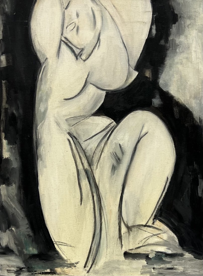 Vintage Black & White Cubist Figure Painting, Unsigned: Oil on canvas 24 x 18 in