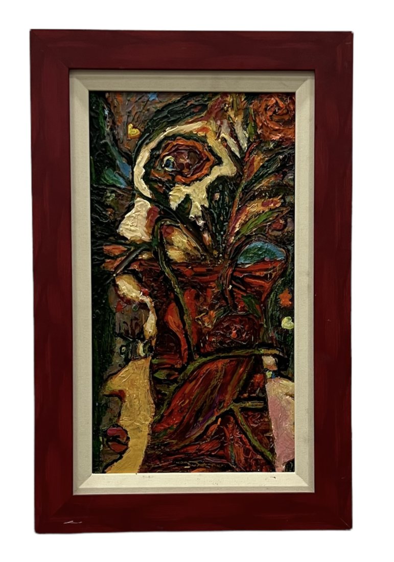 Vintage Mid-Century Modern Surrealist Abstract: Oil on board 27 x 17 in (framed)