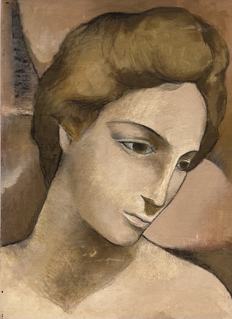Vintage Modernist Portrait Of A Man, Mystery Artist: Oil on board 16 x 12 in