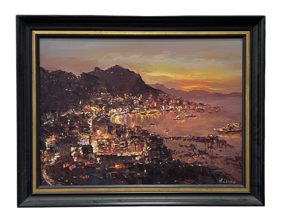 HONG LEUNG (b. 1933, China) Hong Kong Harbor: Oil on canvas 34 x 26 1/2 in