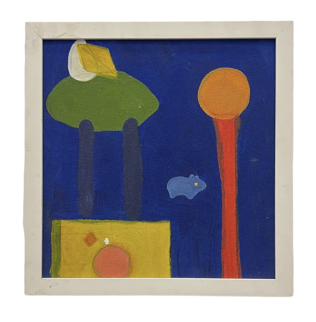 Vintage Whimsical Abstract Painting Mystry Artist: Oil on canvas 19 1/2 x 19 1/2 in (framed)