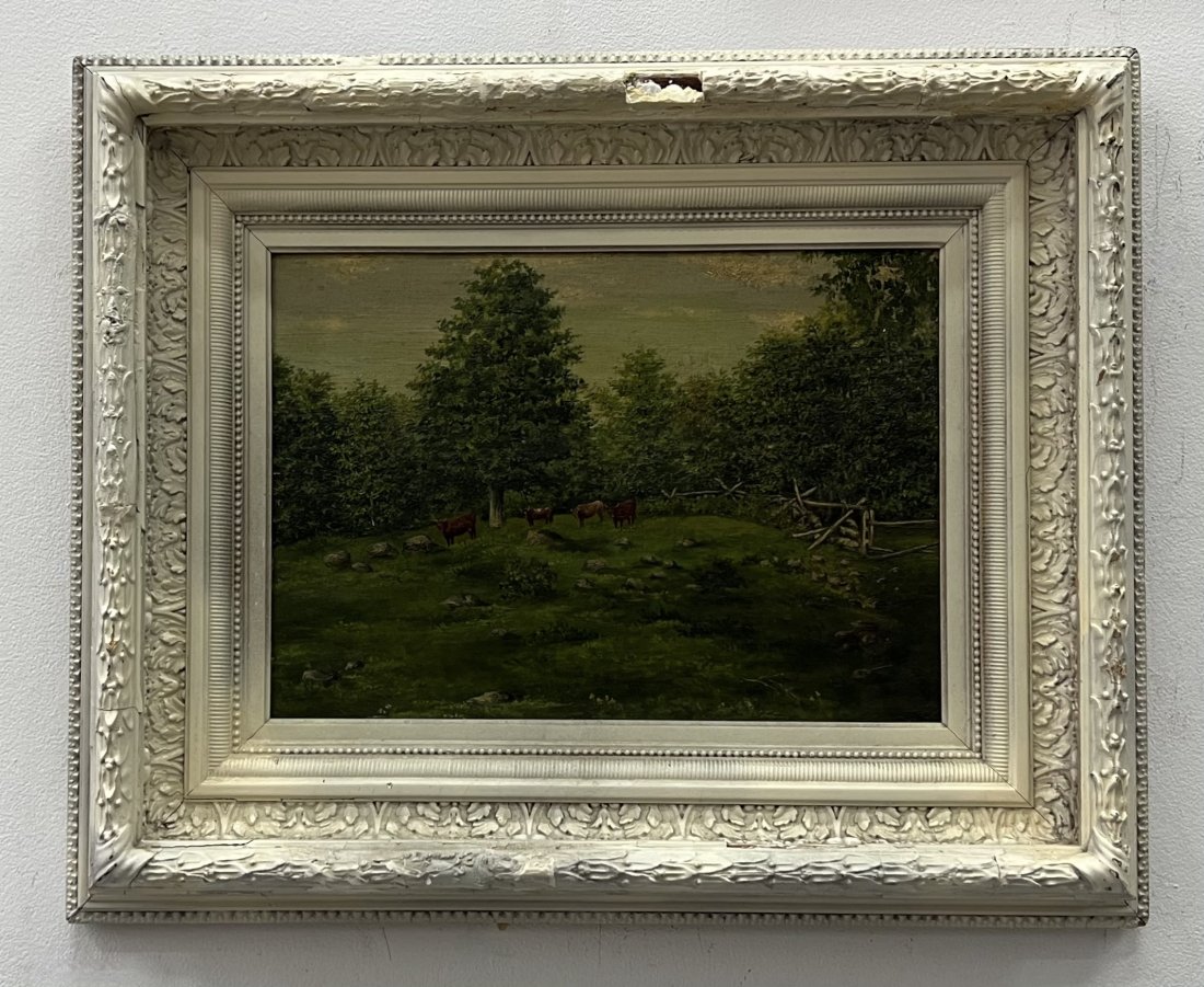 American Impressionist Pastoral Landscape: Oil on canvas in painted antique frame. 14 x 10 in, 21 1/2 x 17 1/2 in (framed)