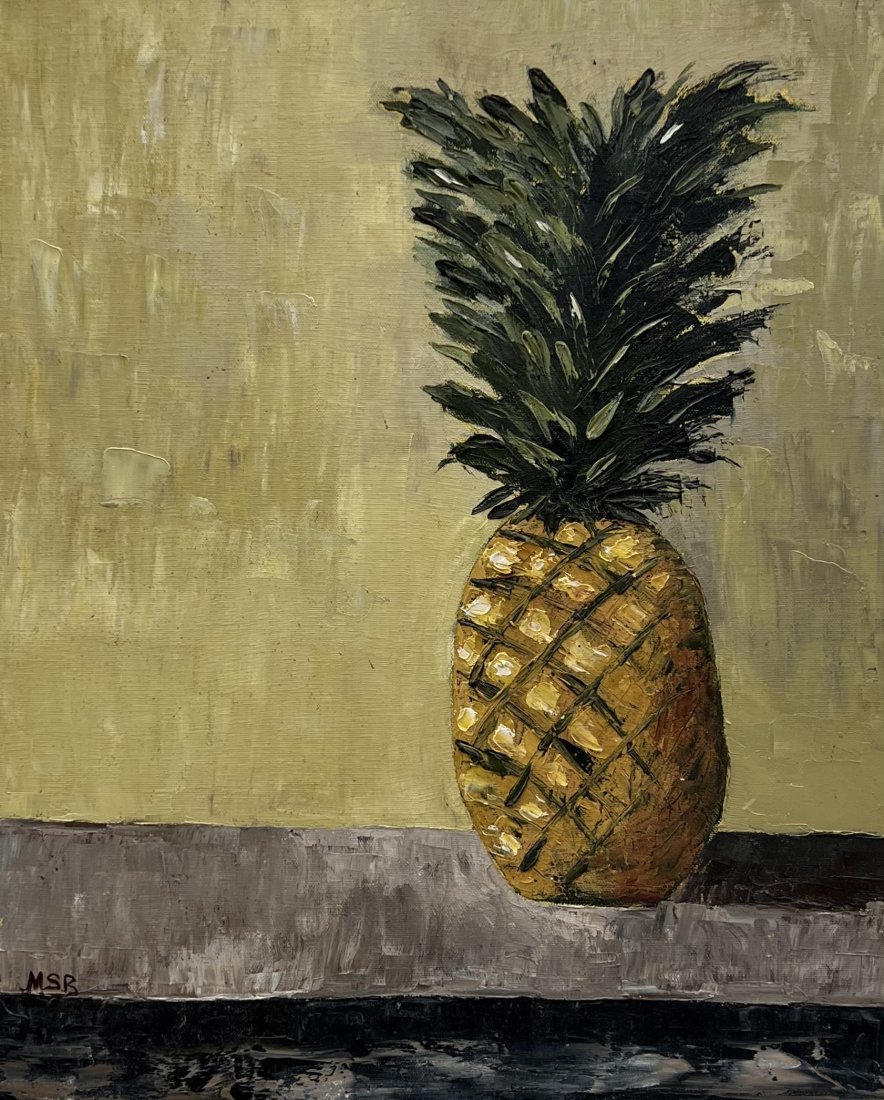 Modernist Pinapple Still Life Painting, Monogrammed: Acrylic on canvas 16 x 20 in