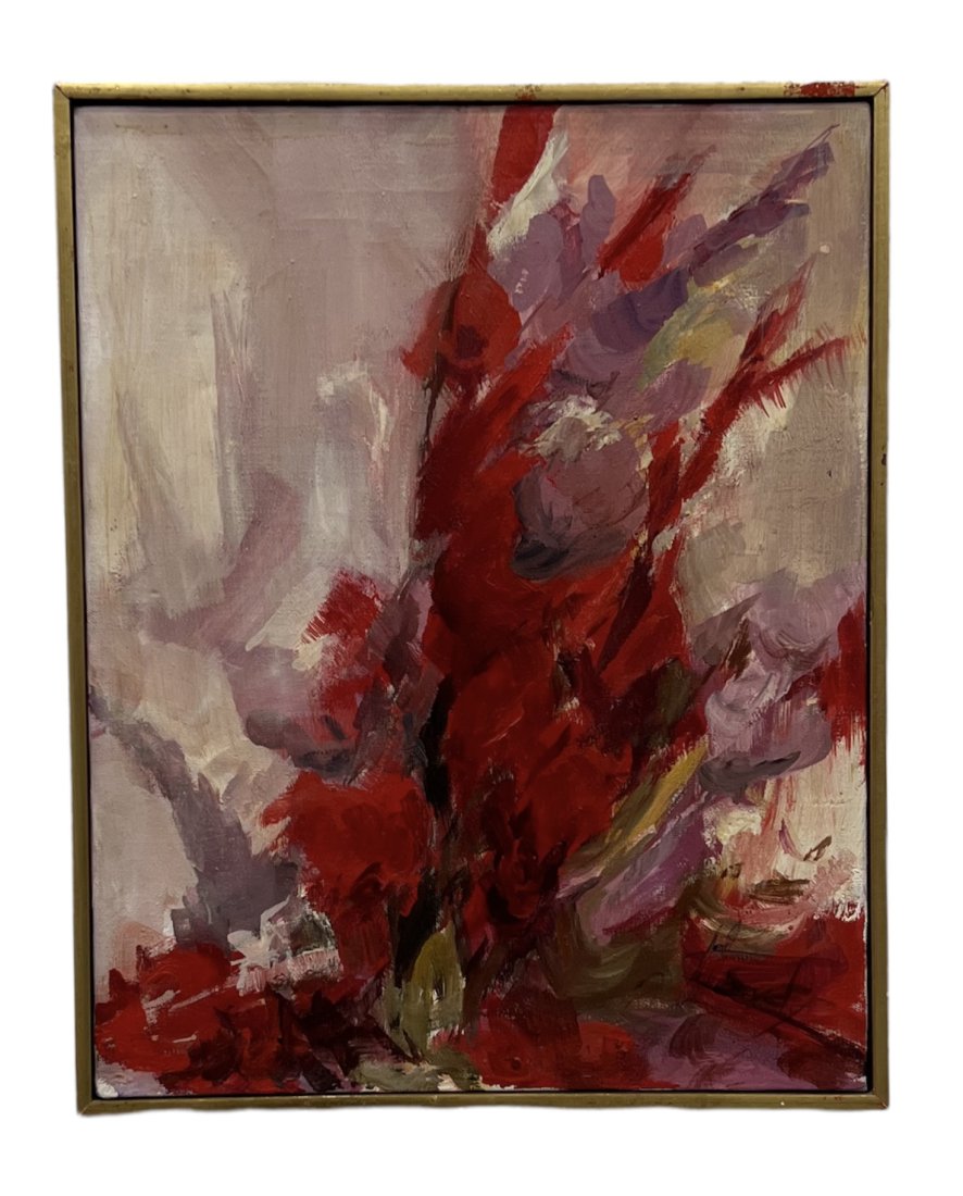 Impressionist Floral Still Life, Illegible SIgnature: Oil on canvas 20 x 26 in, 21 x 17 in (framed)