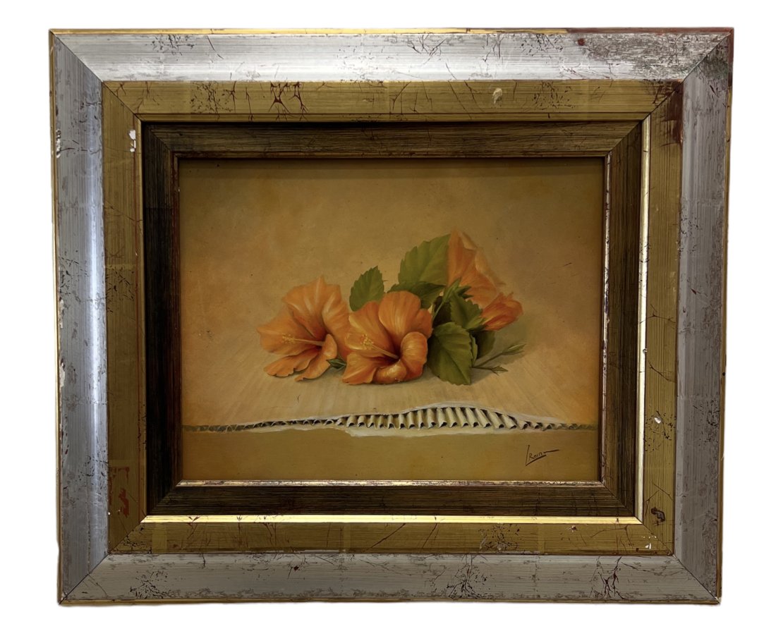 Latin American Still Life Of Flowers, Signed: Signed L. Reina. Oil on panel 14 x 11 in, 21 1/2 x 18 1/2 in (framed)