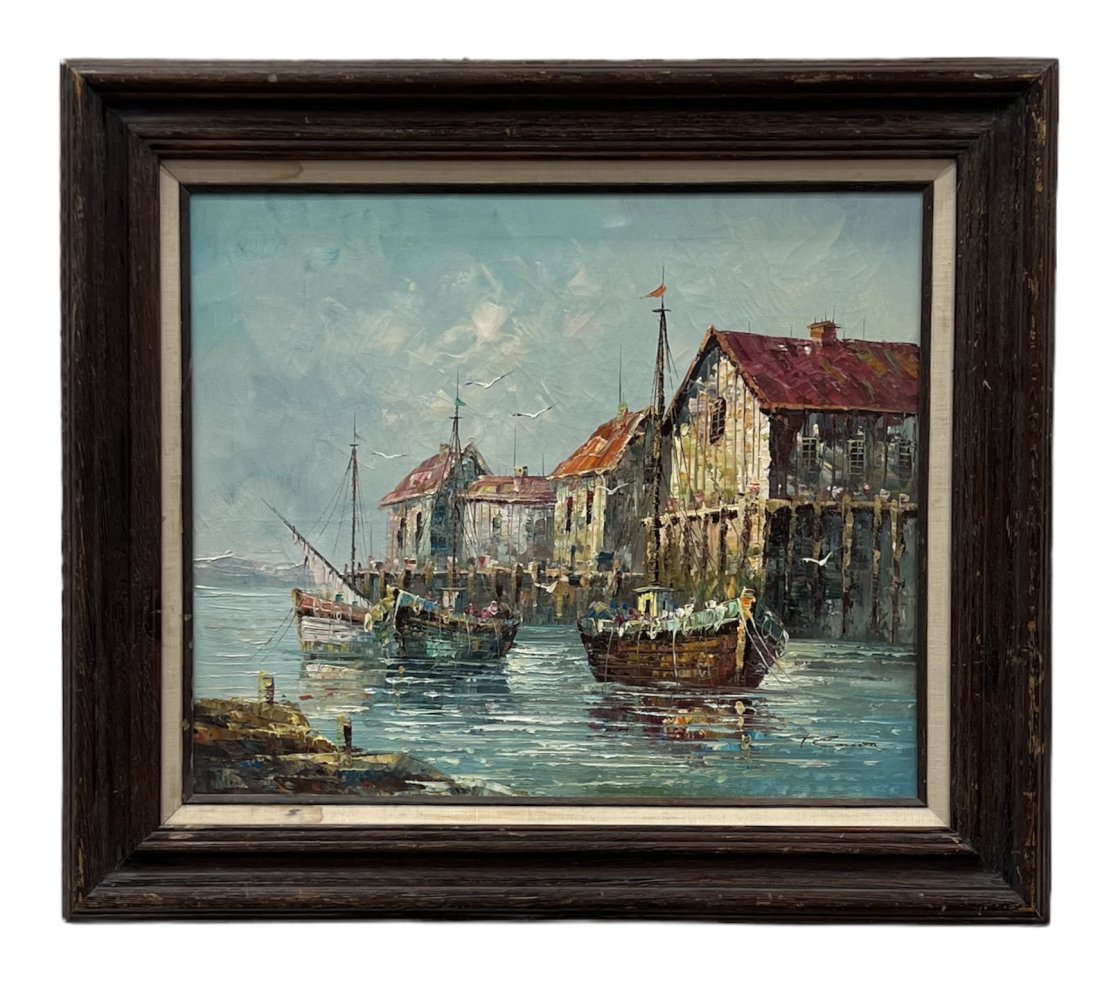 American Modernist Fishing Habor Scene, Signed: Oil on canvas 24 x 20 in, 32 x 28 in (framed)