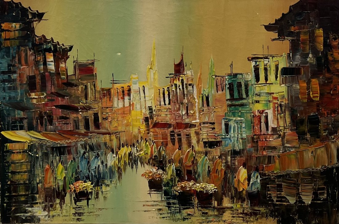 Mid-Century Spanish Modernist Heavy Impasto Street Scene, Signed: Oil on canvas 36 x 24 in