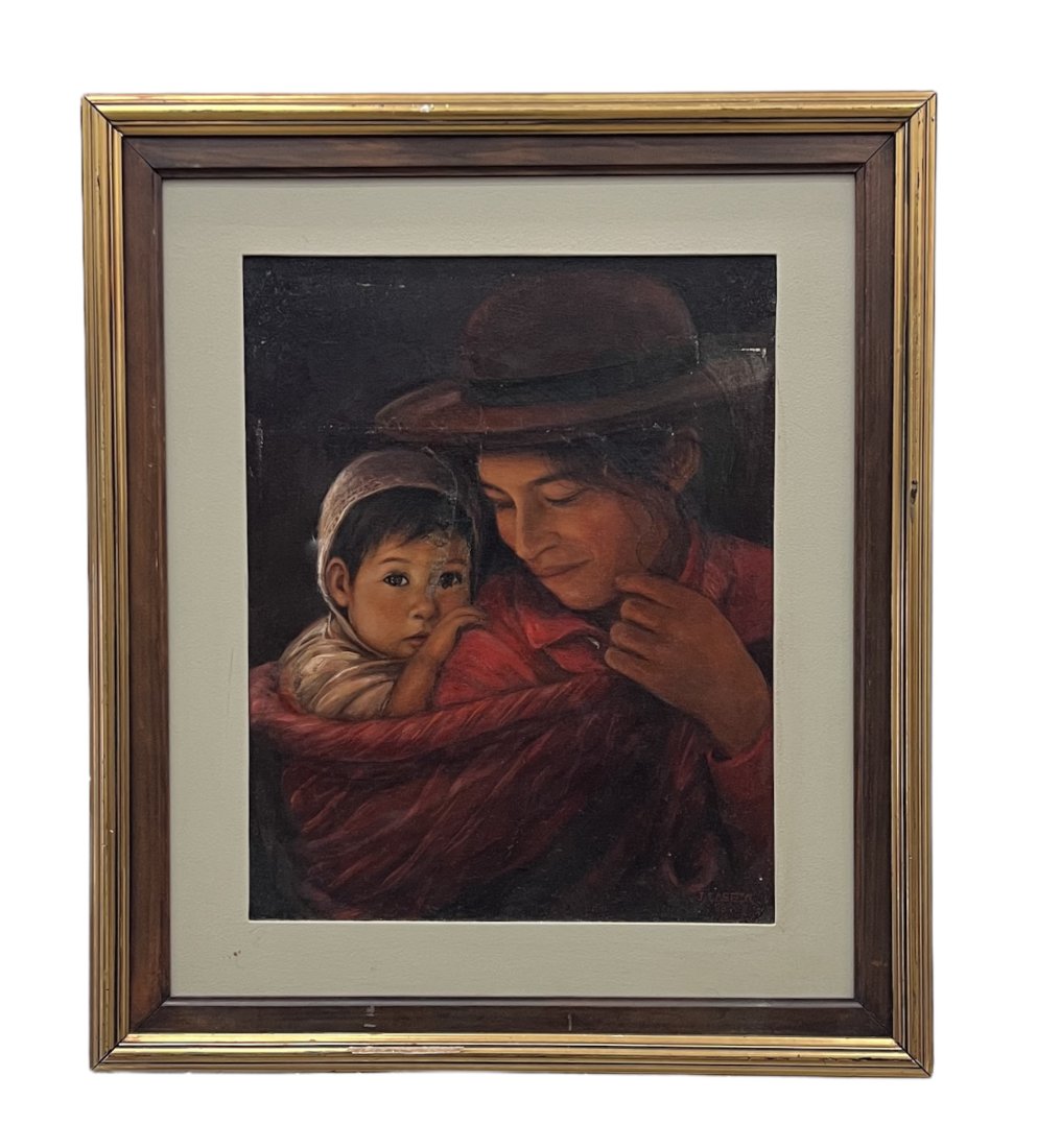 JULIO CABEZA (20th c, Latin American) Mother & Child Portrait: Oil on canvas 22 x 18 in, 28 x 24 in (framed)